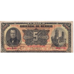 MESSICO EL BANCO ORIENTALE DE MEXICO 5 PESOS 1914